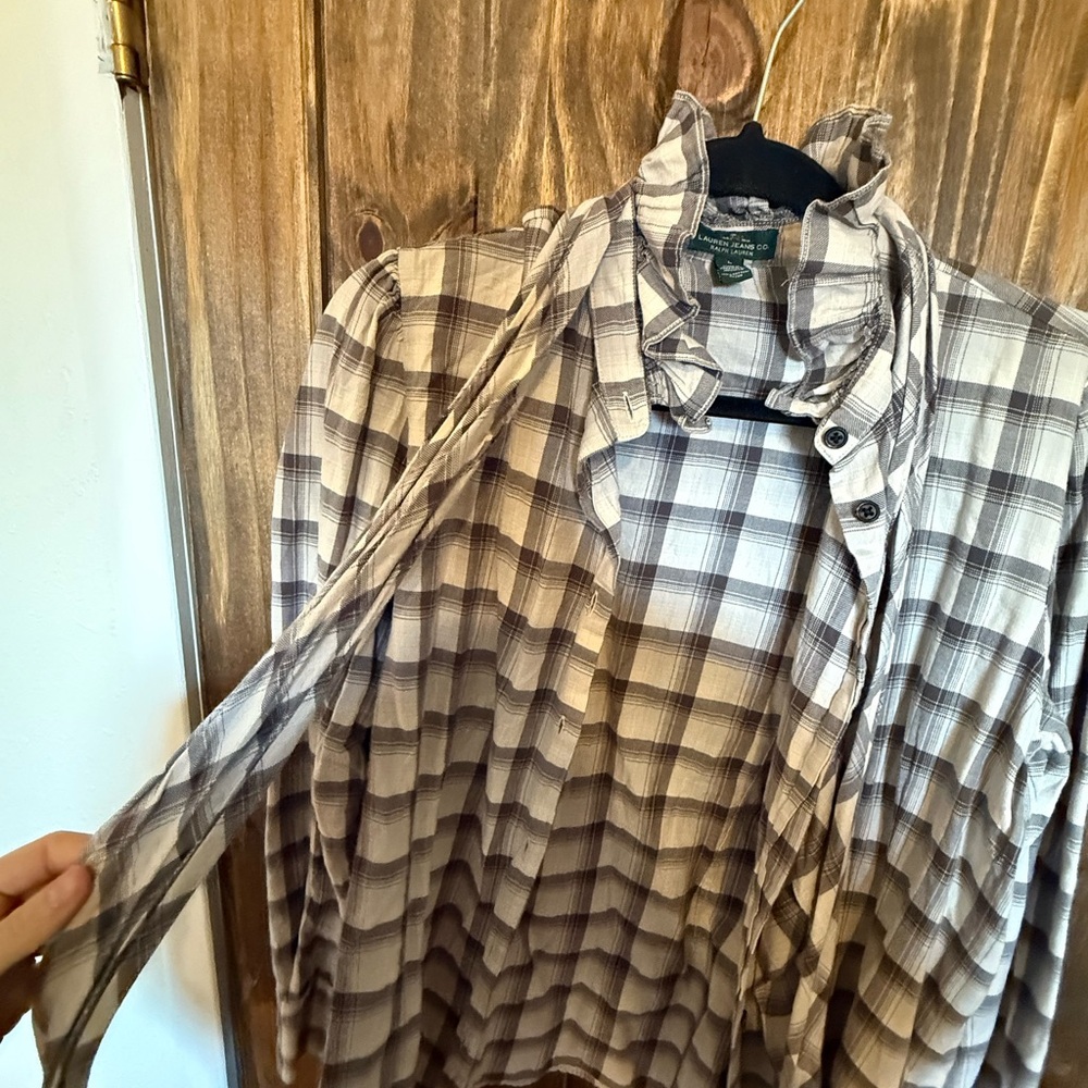 Ralph Lauren Beige Plaid Shirt with Ruffle collar and tie